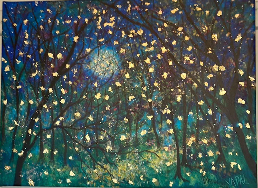 18x24x1  Fireflies under Springtime Moon Canvas Print with Embellished Gold Leaf with Resin Finish