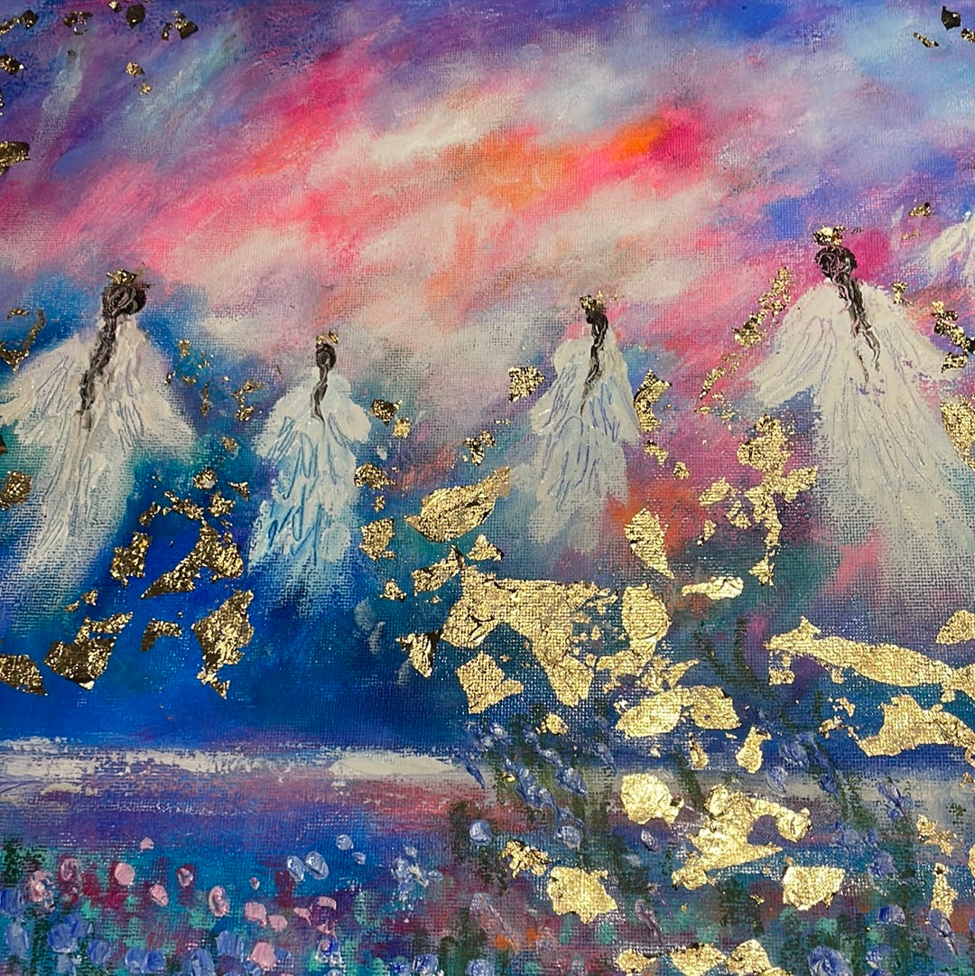 16x20x3/4 Original Painting Angels in Heavens Golden Clouds with Gold Leaf