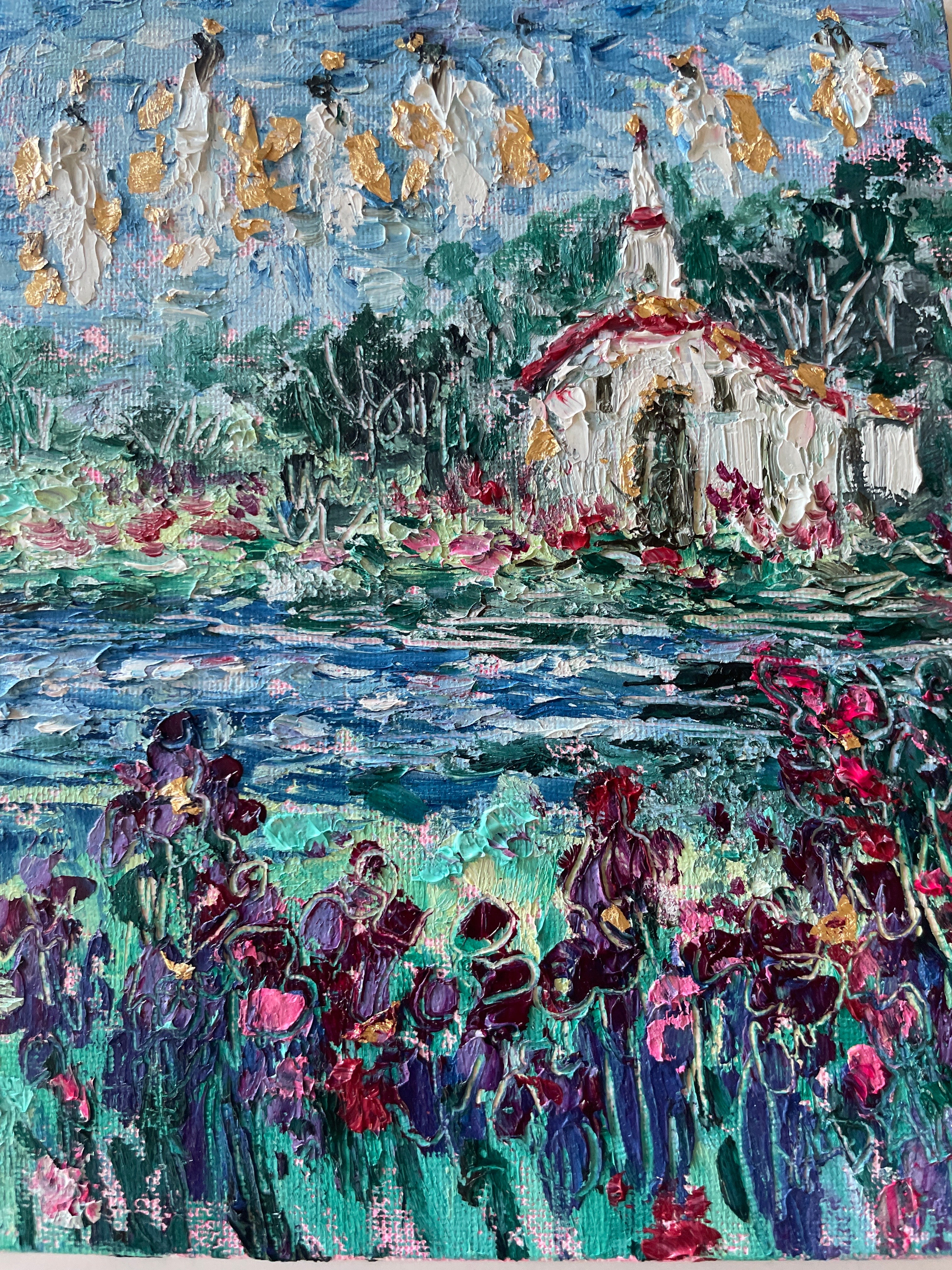 8x10 Original Painting White Country Church and Angels Along Iris Stream in Oil and Cold Wax