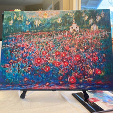Load image into Gallery viewer, 2/15  -in Stock  -white country church among red poppy fields with Angels - embellished print -with gold leaf-resin or Varnish finish