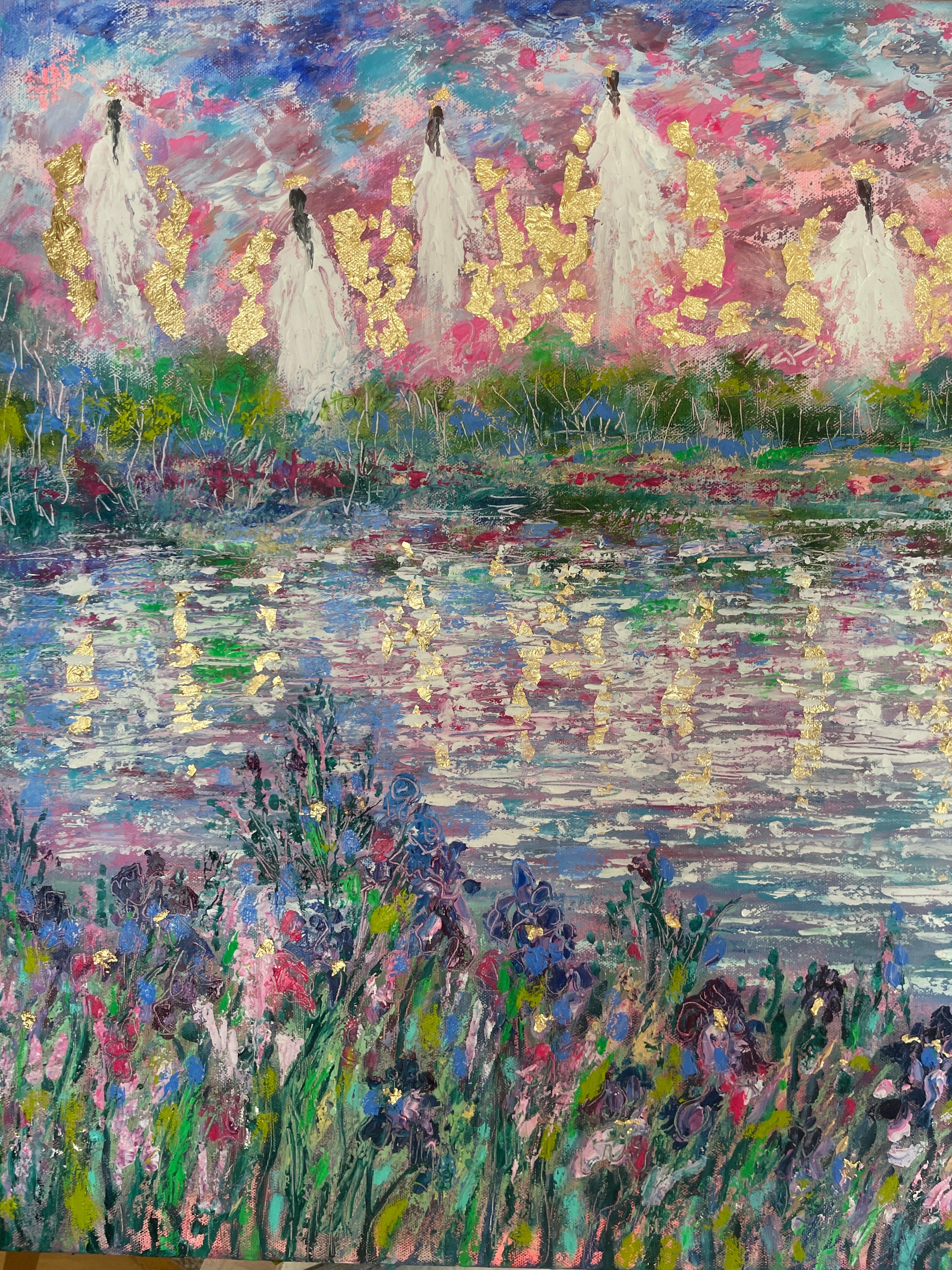 24x36x1.5 Original Painting Angels and White Country Church along wild Iris Pond