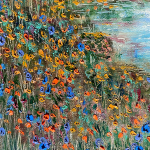 Lk Tahoe shoreline and wildflowers   -oil and cold wax