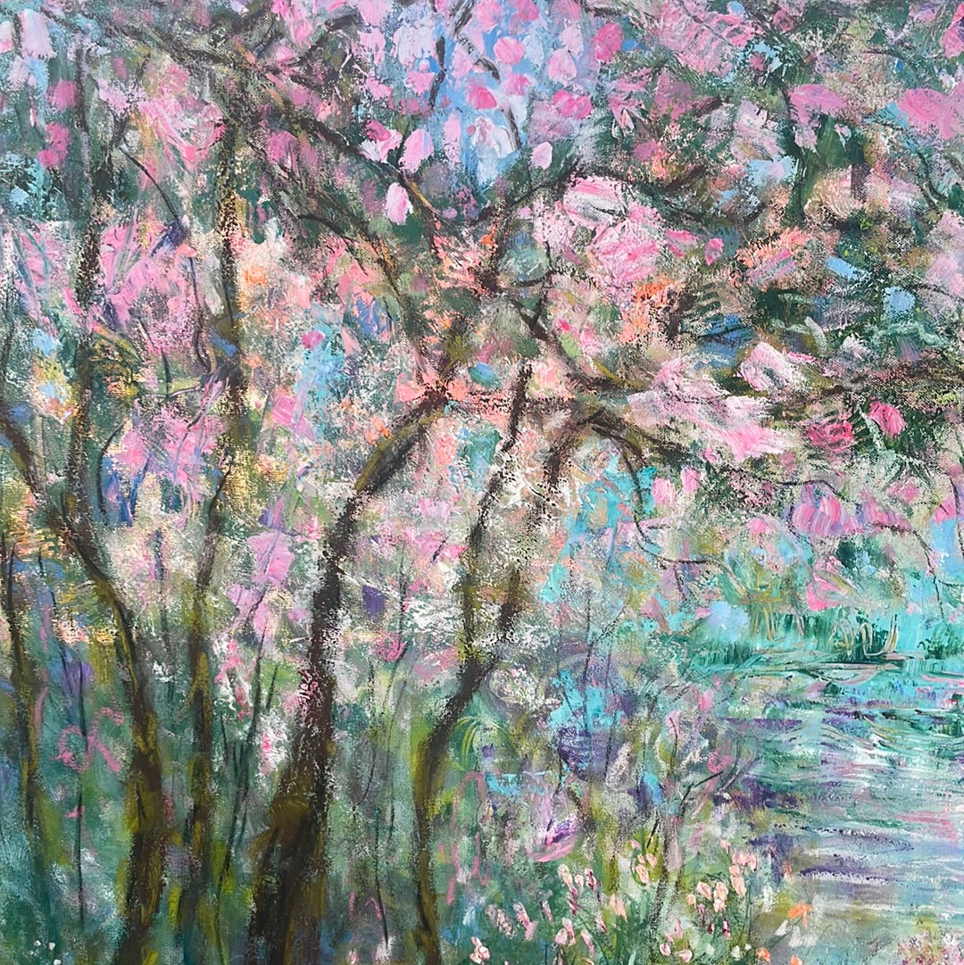 Original painting - Cherry blossom pond - 60 x 48 x 1.5 - oil