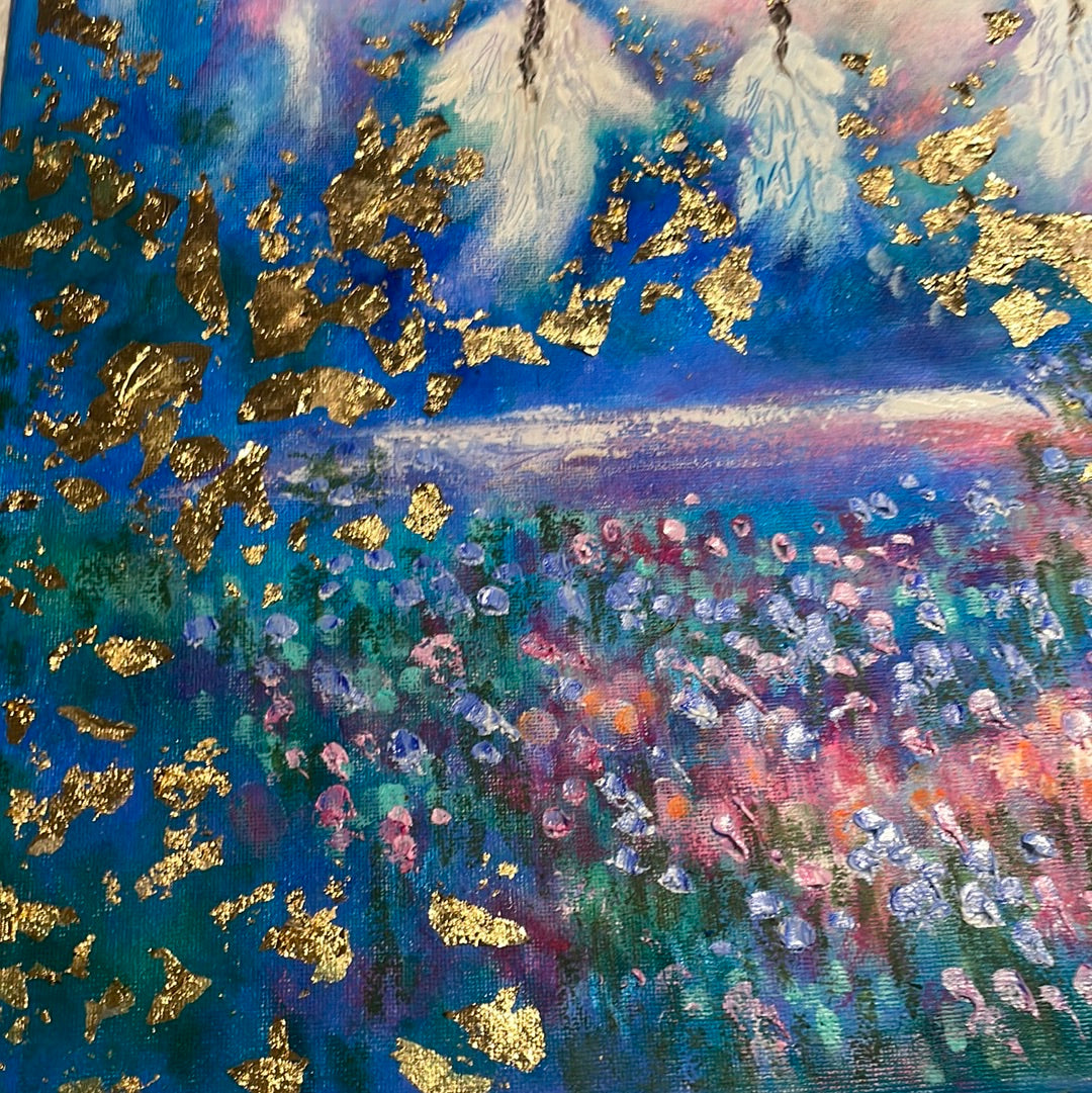 16x20x3/4 Original Painting Angels in Heavens Golden Clouds with Gold Leaf