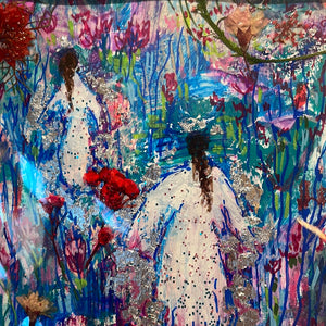 Original painting on paper - Angels and pressed flowers -silver leaf -11 x 14 Heavens blue red meadow-in stock
