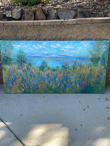 California springtime meadow pond & wildflowers- oil -24 x 48 x1