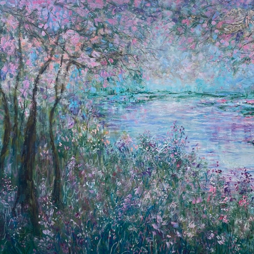 Original painting - Cherry blossom pond - 60 x 48 x 1.5 - oil