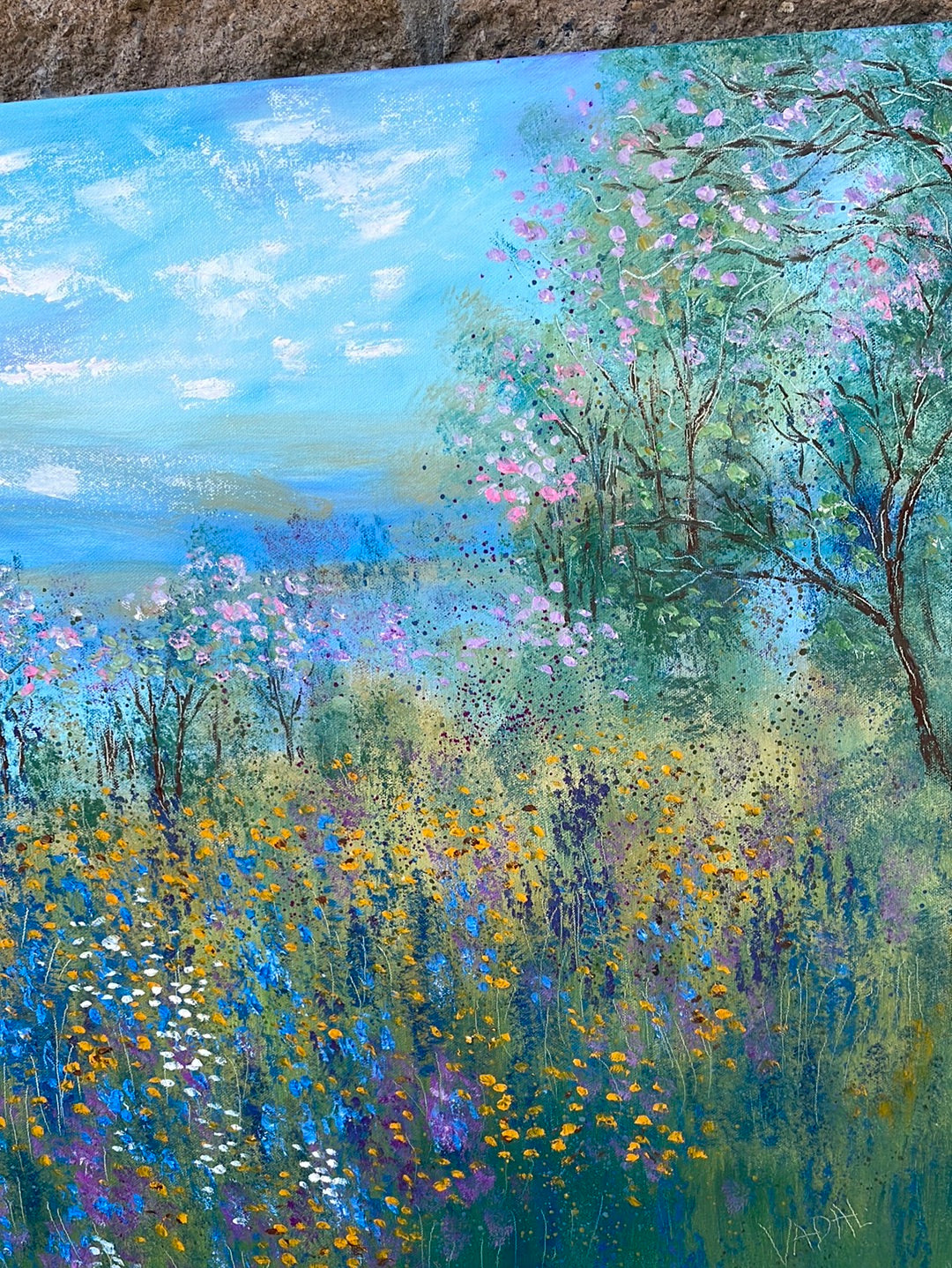 Original painting - California springtime meadow pond & wildflowers- oil -24 x 48 x1