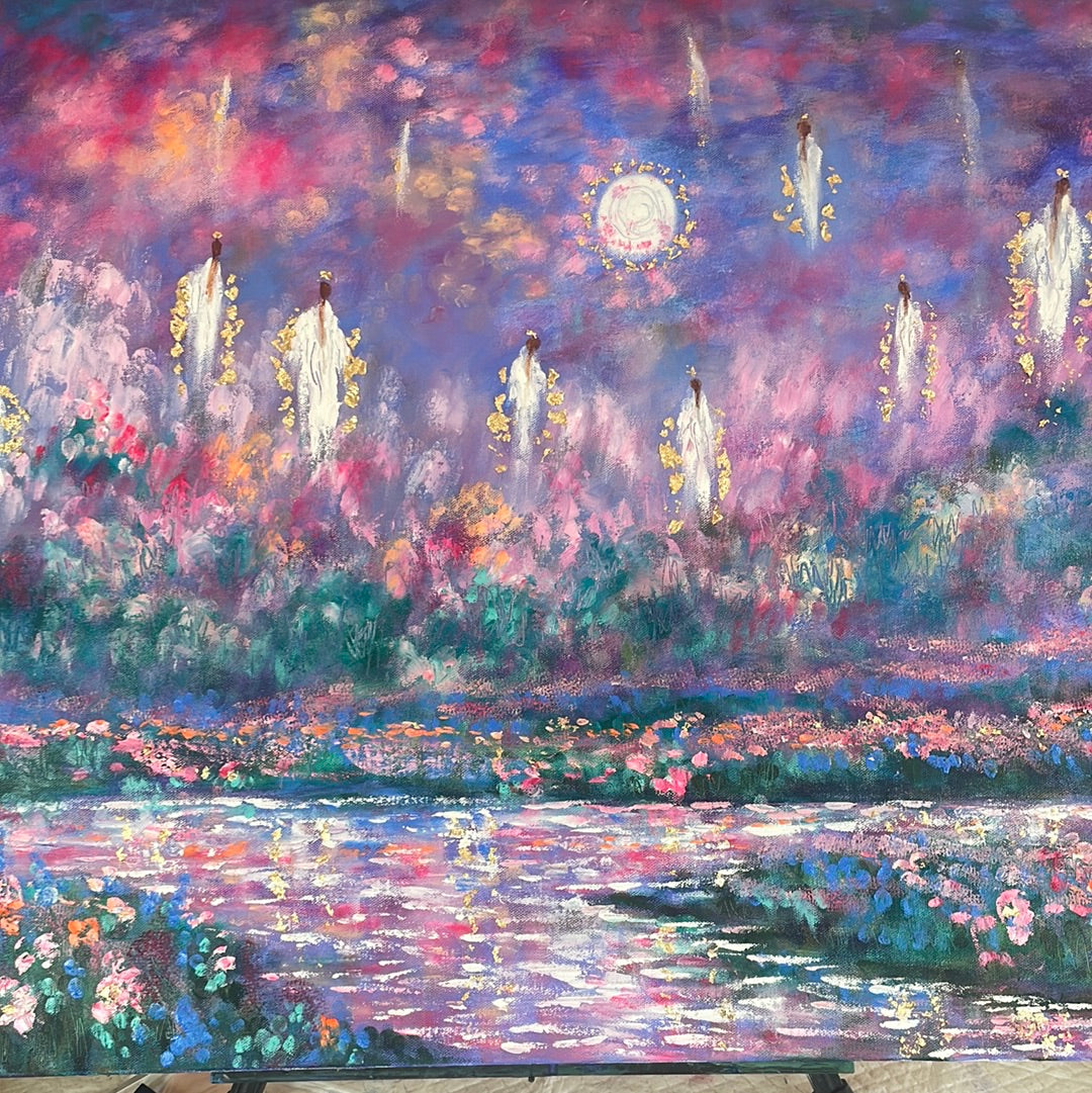 24x36x1.5 Original Oil Painting Angels of Cherry Blossom Heaven in moonlight