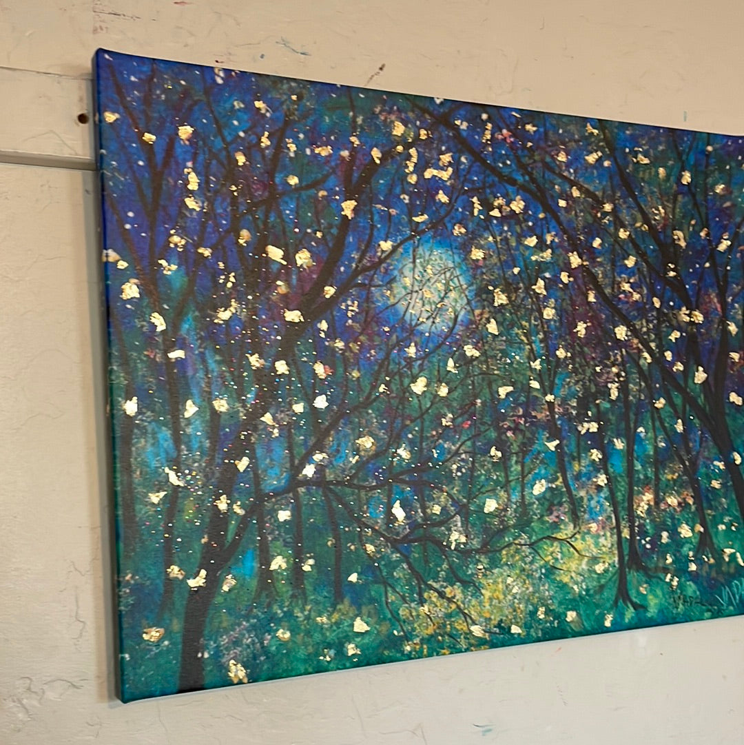 18x24x1  Fireflies under Springtime Moon Canvas Print with Embellished Gold Leaf with Resin Finish