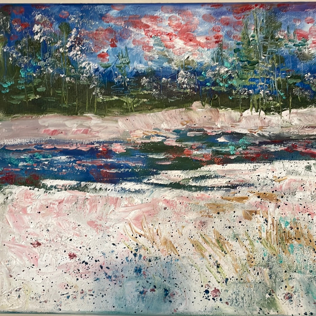 Original painting - Yosemite pines in winter snow ,blue red sky   with stream - oil and cold wax