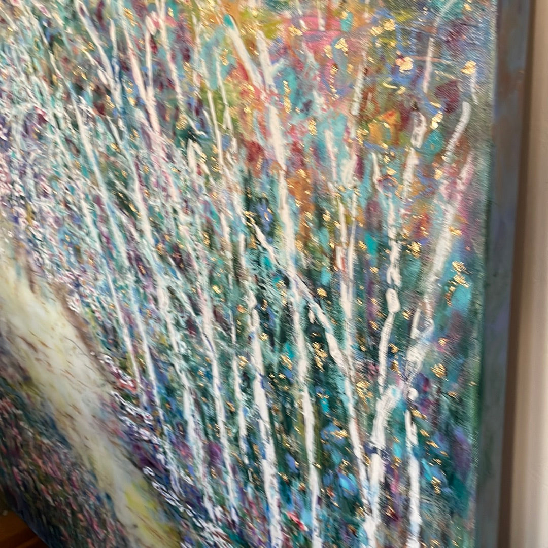 Original painting - Glowing stream and birch trees  - Large painting 60 x 48 x 1.5 - oil , plaster , and gold leaf