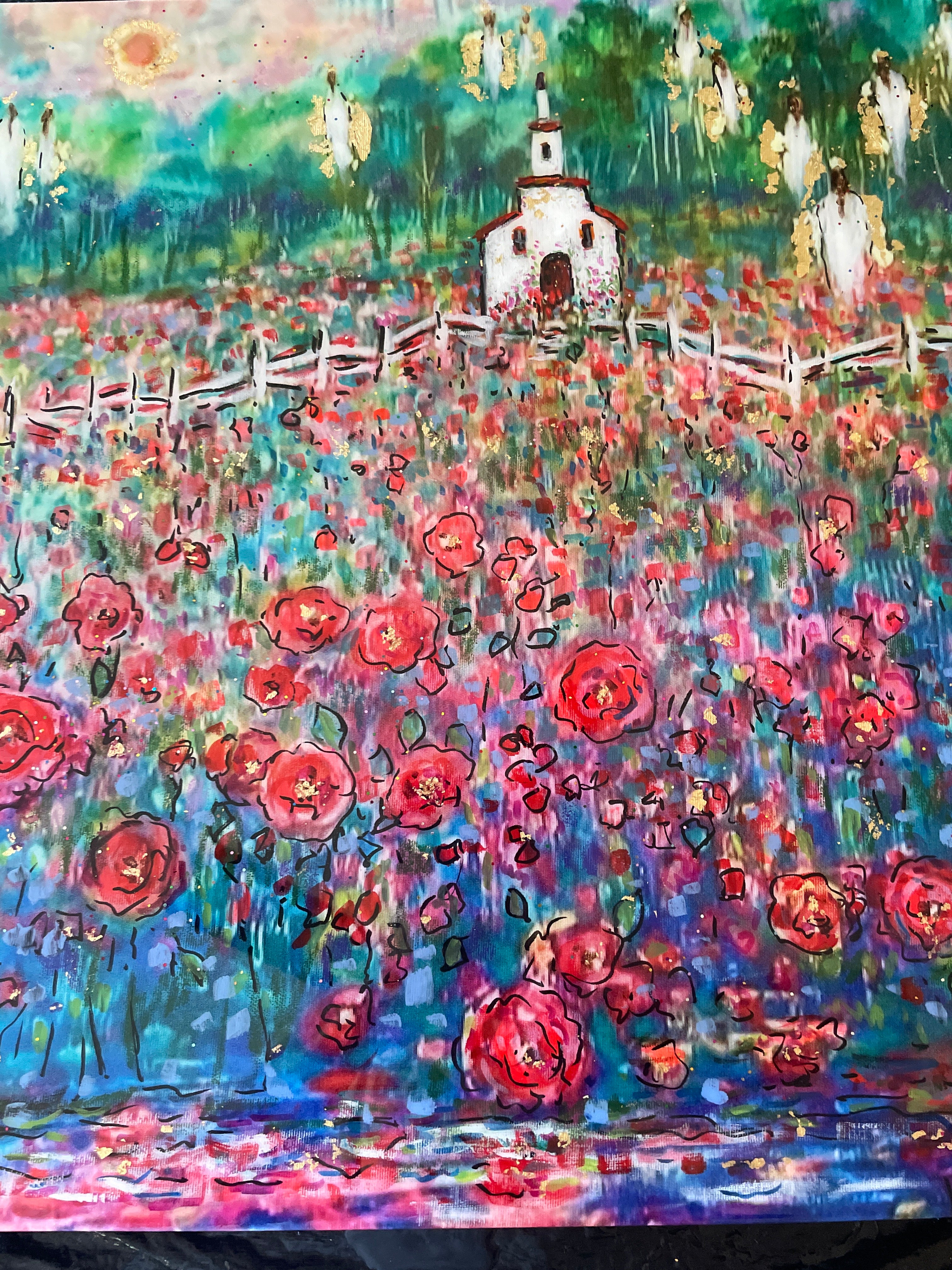 18x24x1 Canvas Print White Country Church Among Red Poppy Fields with Angels