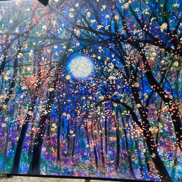 Copper moon trees and fireflies -embellished print -24 x30 x 1