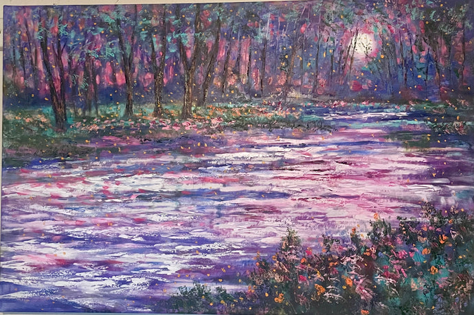 Embellished Canvas Print  - Red Violet Moon Stream and Wildflowers - large