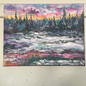 Yosemite pines at red orange dusk and snowy pines -oil and cold wax