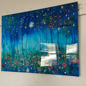 In stock -embellished moon print - Springtime Blue Moon and wildflowers  18x24x1  with gold leaf