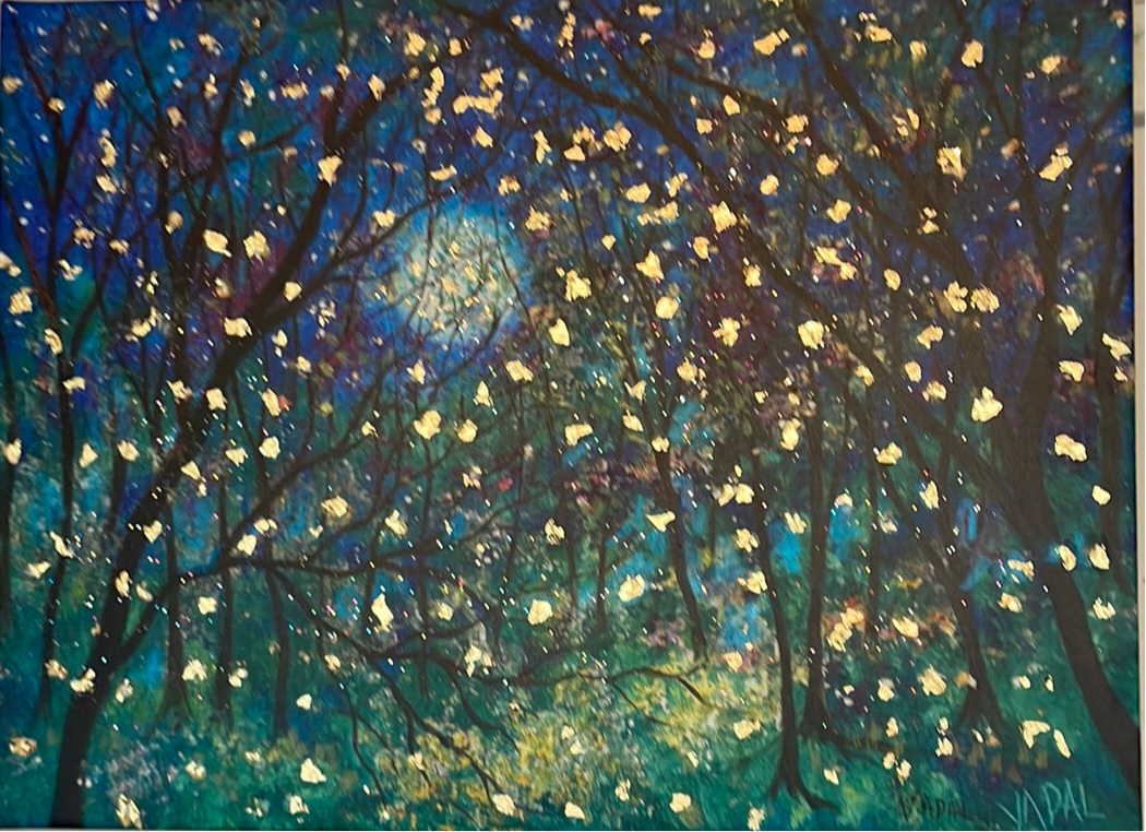 18x24x1  Fireflies under Springtime Moon Canvas Print with Embellished Gold Leaf with Resin Finish