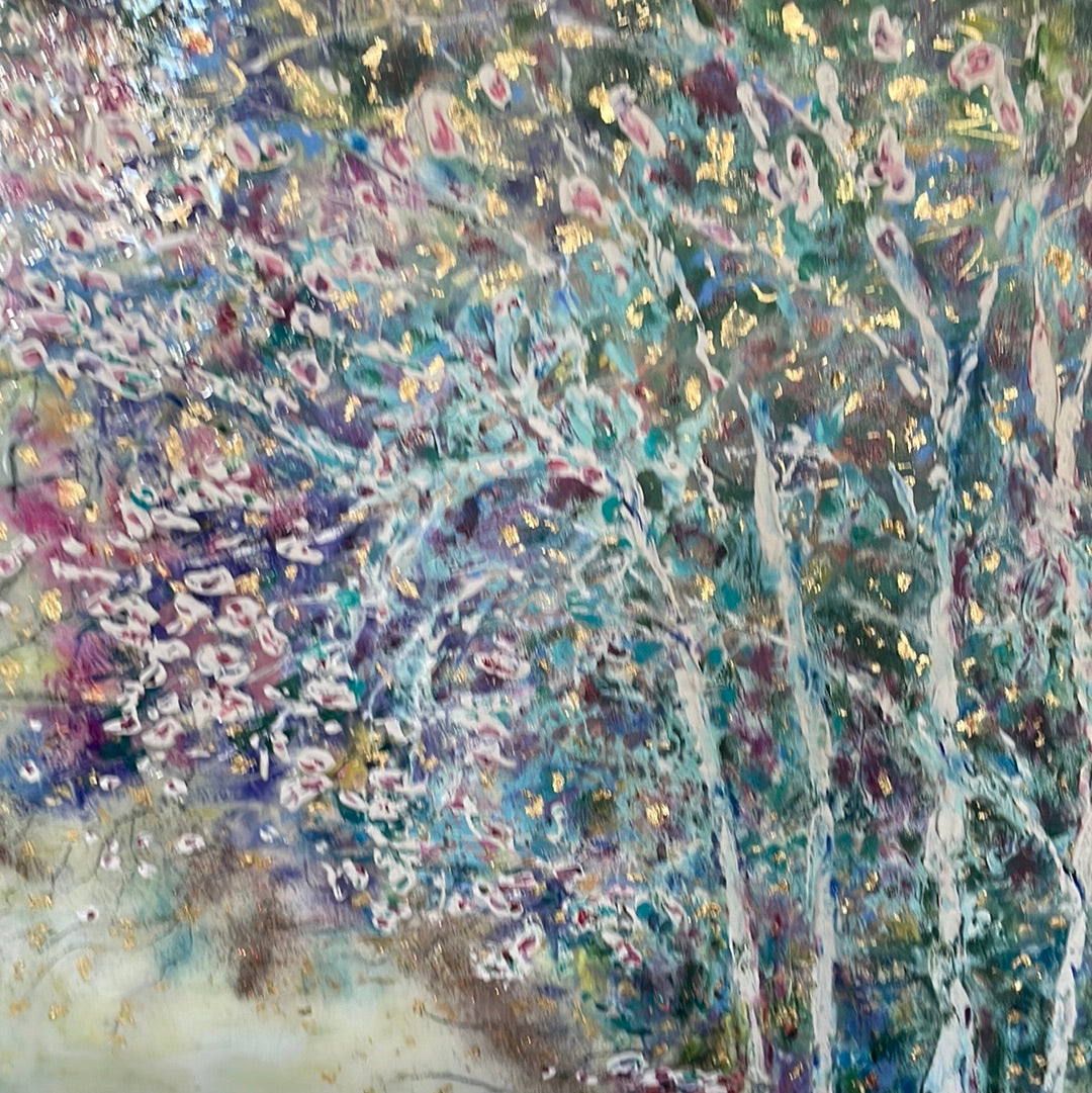 Original painting - Glowing stream and birch trees  - Large painting 60 x 48 x 1.5 - oil , plaster , and gold leaf