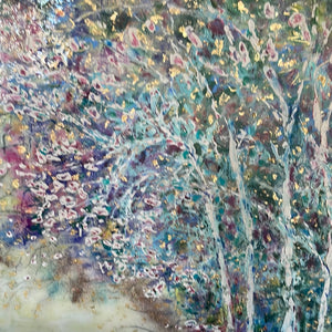 Glowing stream and birch trees  - Large painting 60 x 48 x 1.5 - oil , plaster , and gold leaf