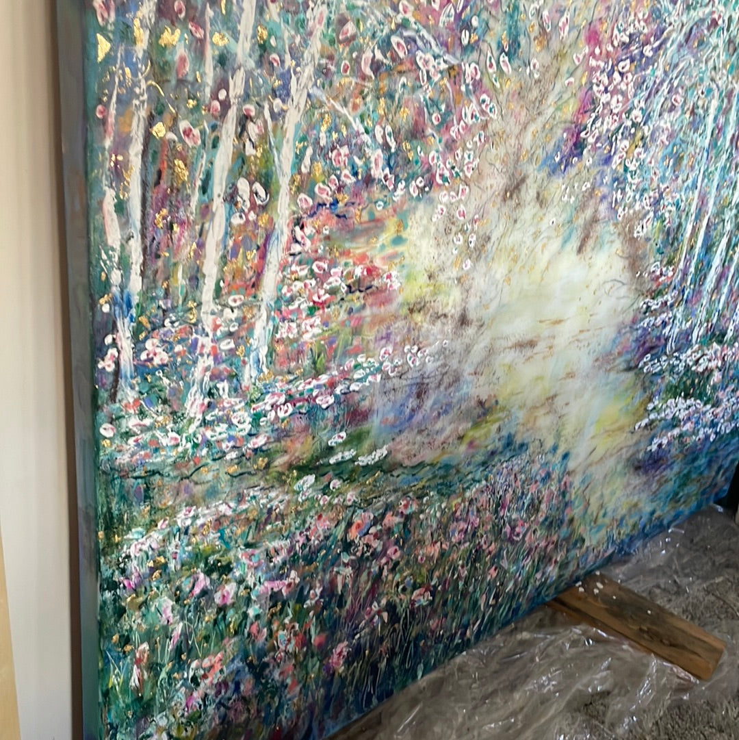 Original painting - Glowing stream and birch trees  - Large painting 60 x 48 x 1.5 - oil , plaster , and gold leaf