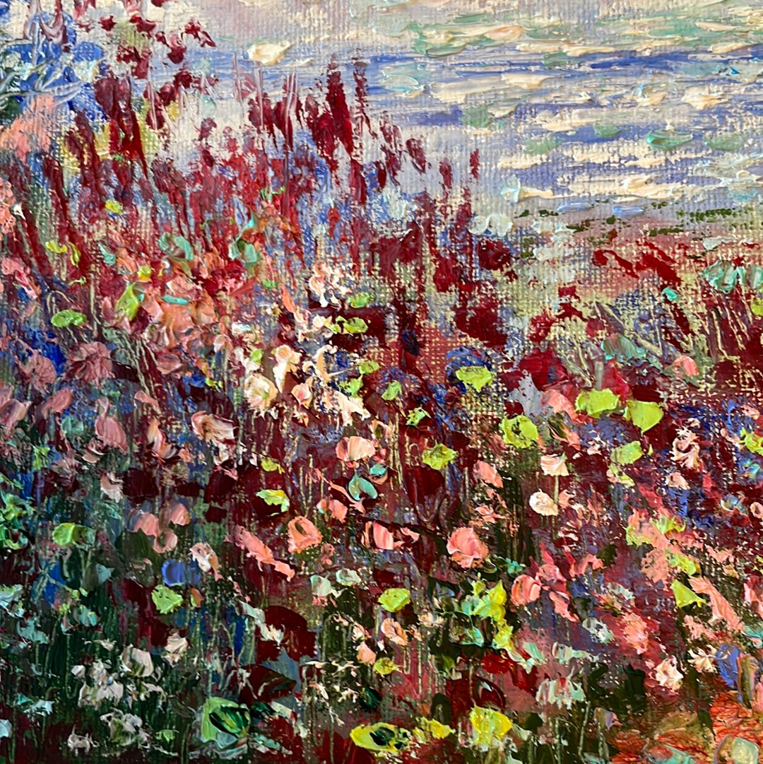 Original painting - California coast - wildflowers - oil and cold wax -8 x 10  on canvas panel