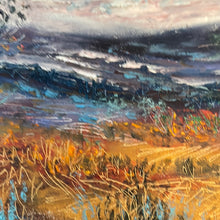 Load image into Gallery viewer, California autumn -  stormy skies  and wildflowers- oil and cold wax -12 x12