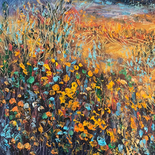 Load image into Gallery viewer, California autumn -  stormy skies  and wildflowers- oil and cold wax -12 x12