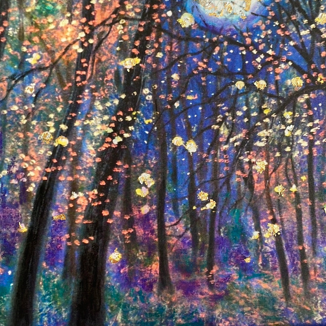 24x30 - Canvas Print - Copper moon and fireflies Embellished with Silver and Gold Leaf