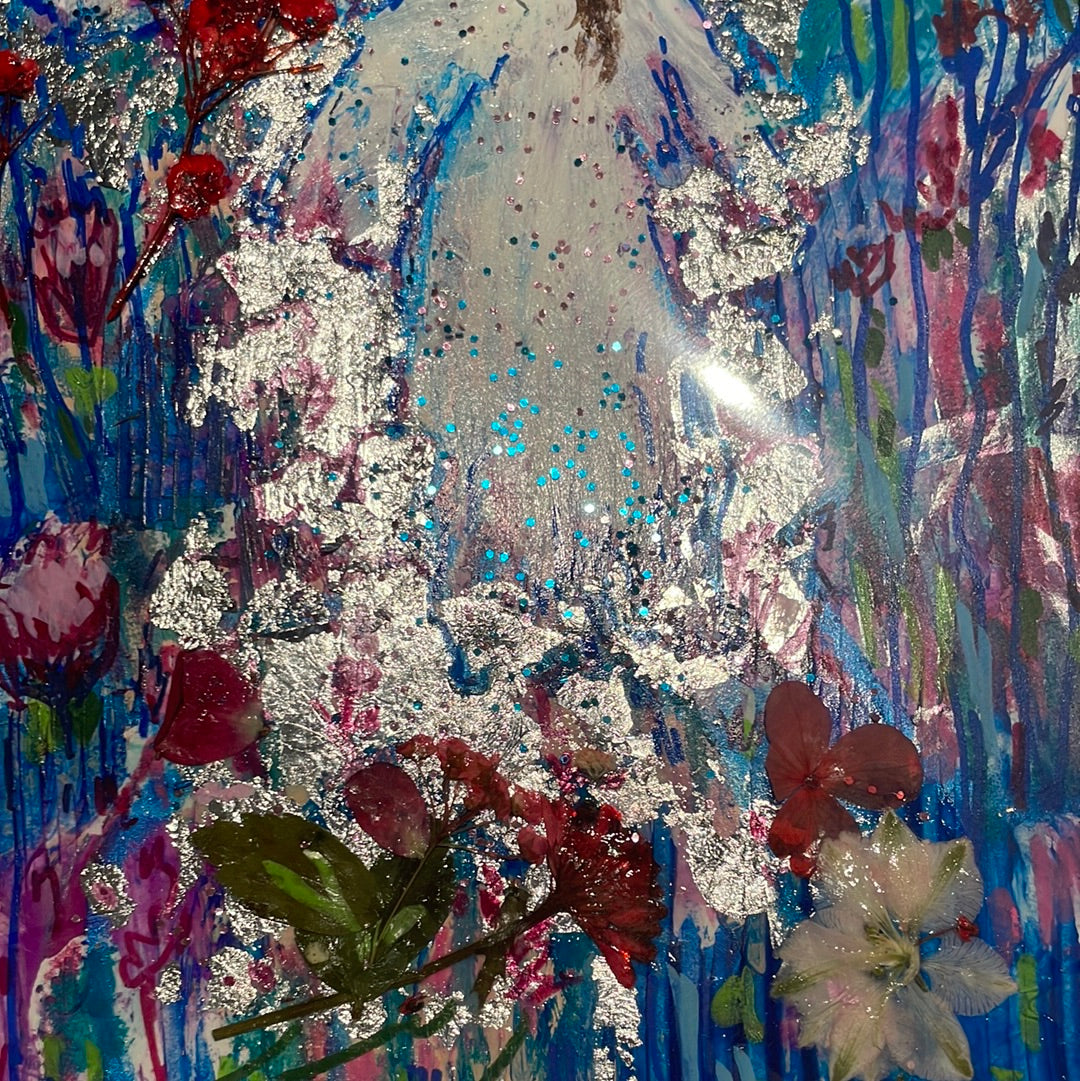 11x14 Original painting on Paper, Angels and Pressed Flowers with Silver Leaf
