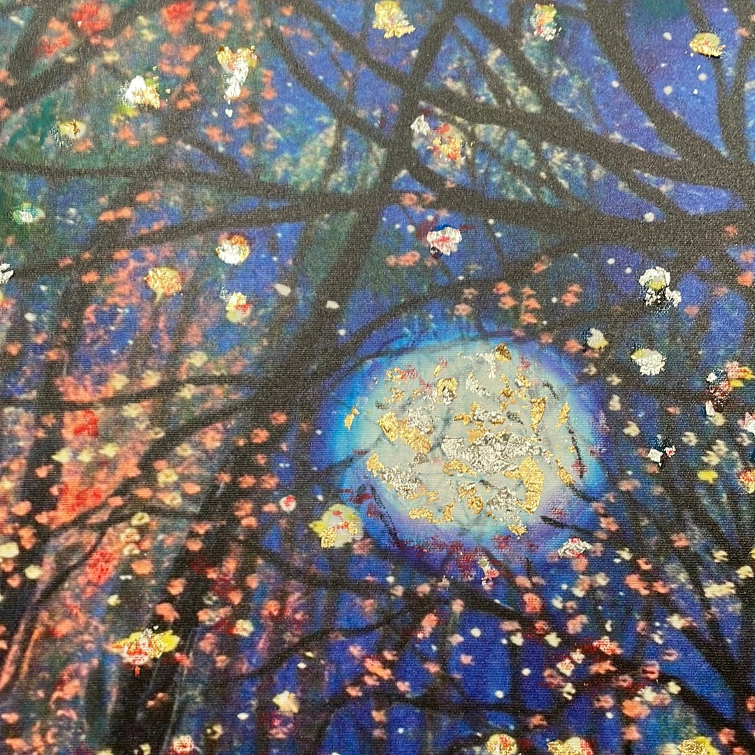 24x30 - Canvas Print - Copper moon and fireflies Embellished with Silver and Gold Leaf