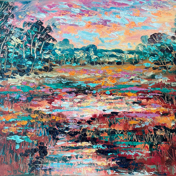 Red autumn stream -oil and cold wax