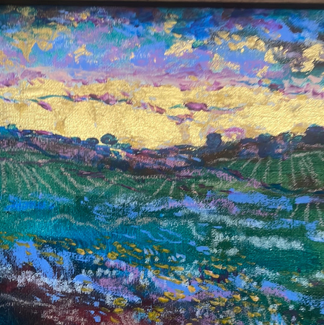 8x10 Original painting California wine country Acrylic with 24 kt Gold leaf and Framed