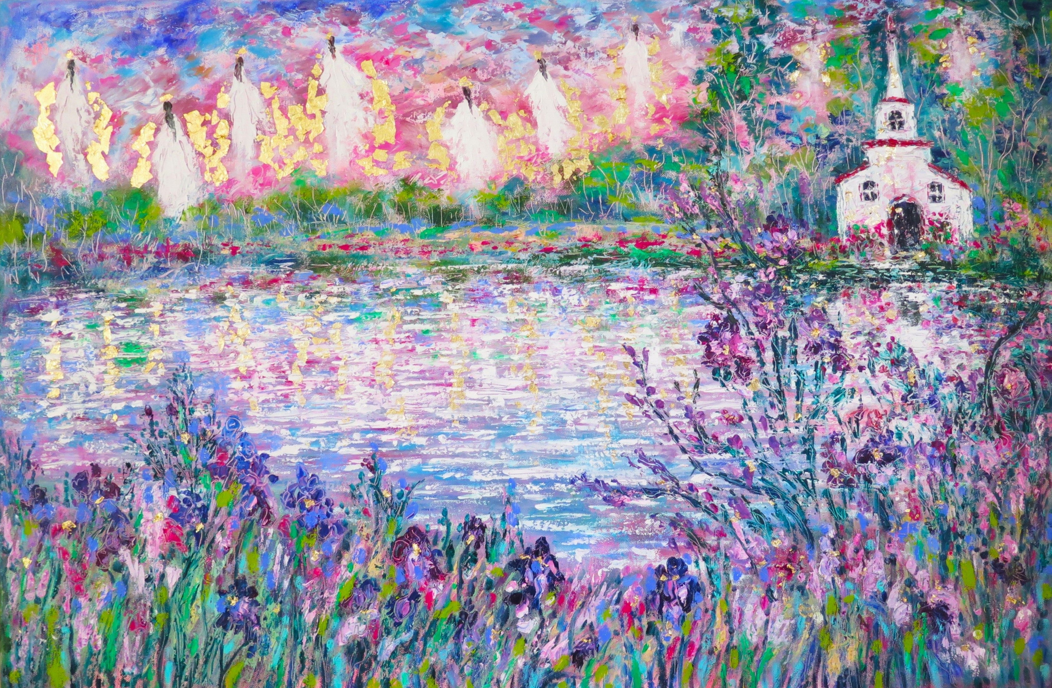 Original painting - Angels and White Country Church Along Wild Iris Pond