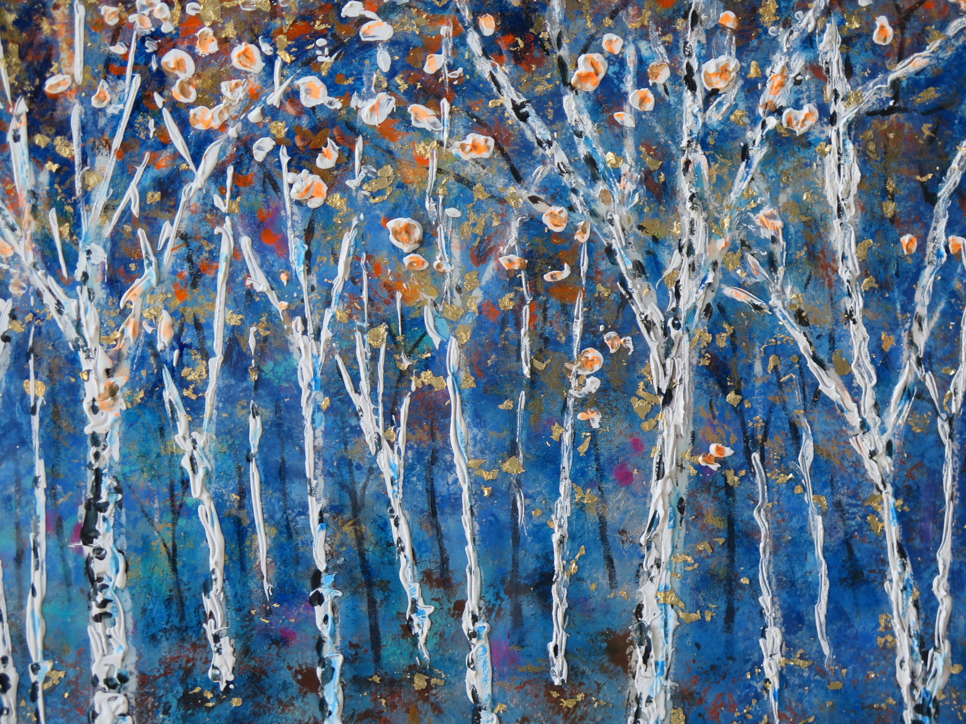 Original painting - Autumn Birch trees at Midnight