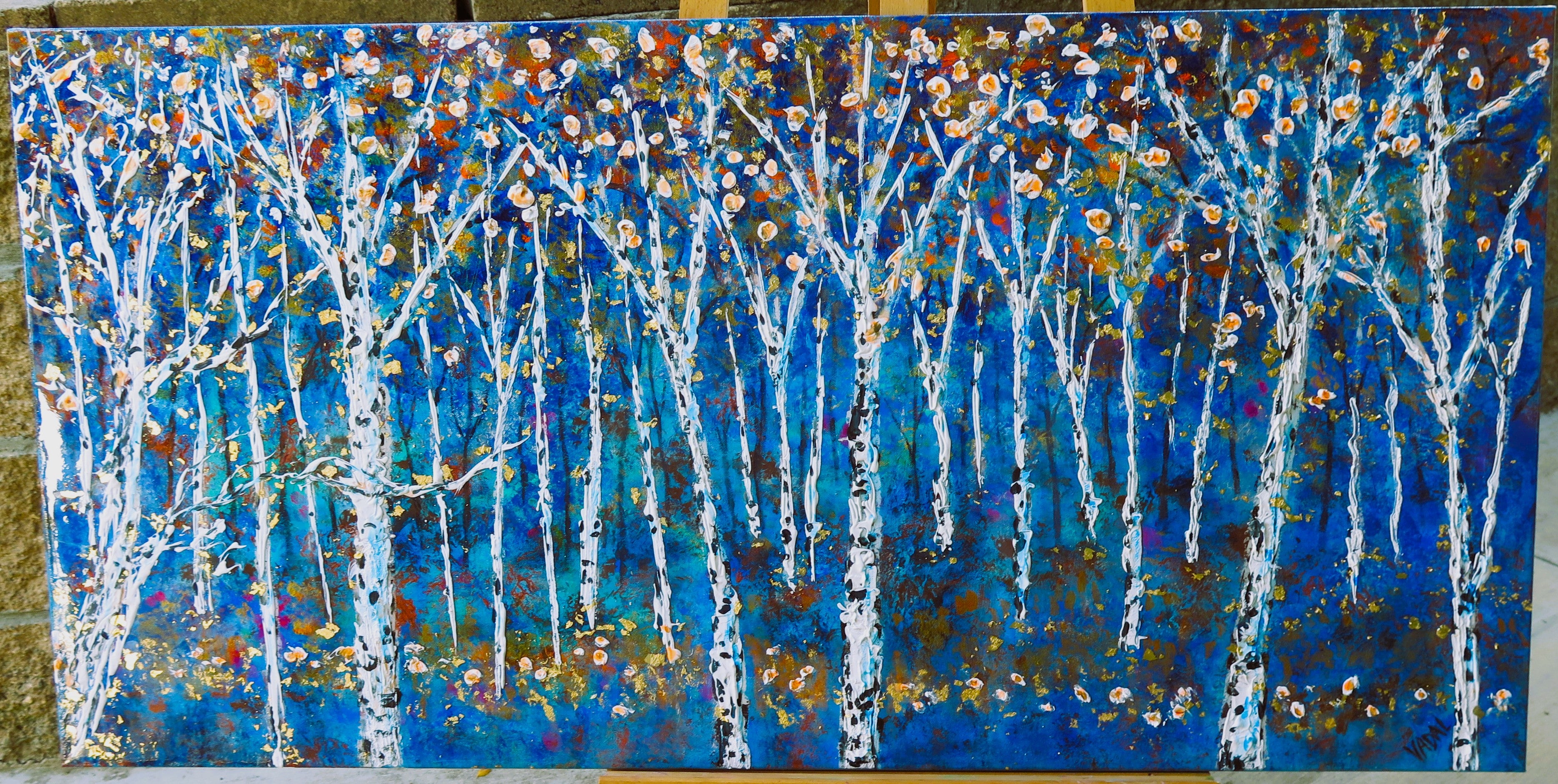 Original painting - Autumn Birch trees at Midnight