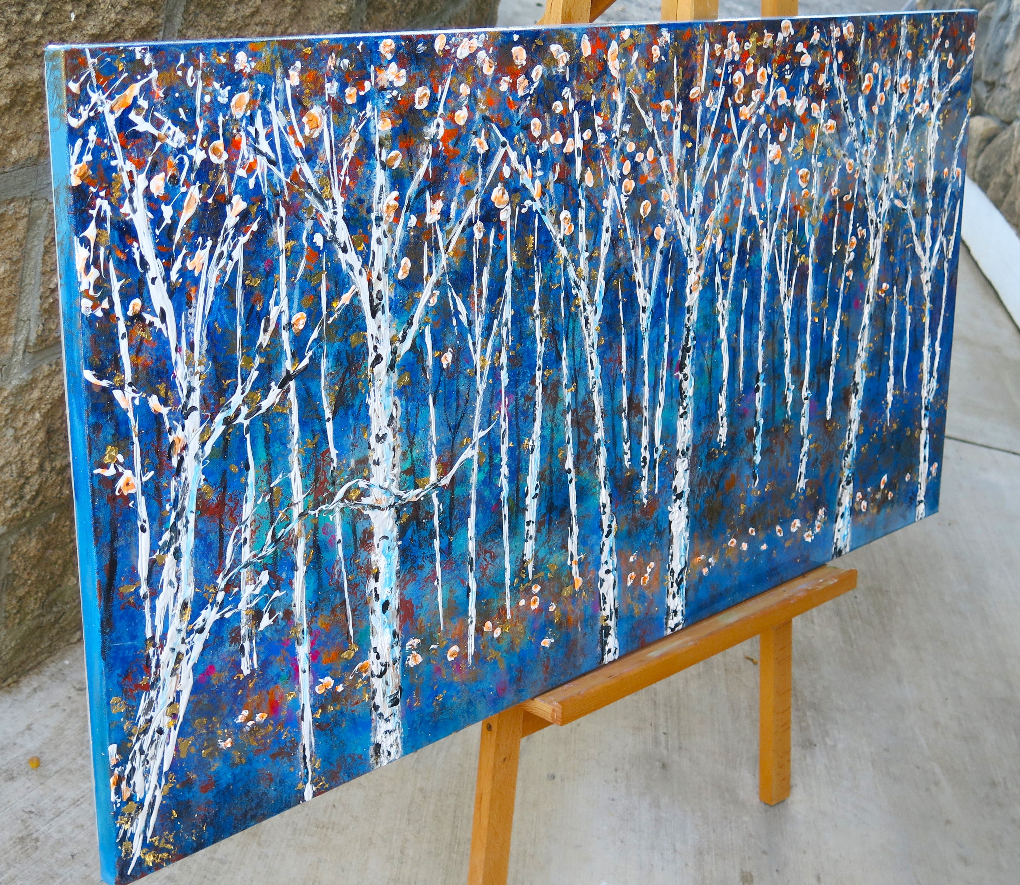 Original painting - Autumn Birch trees at Midnight