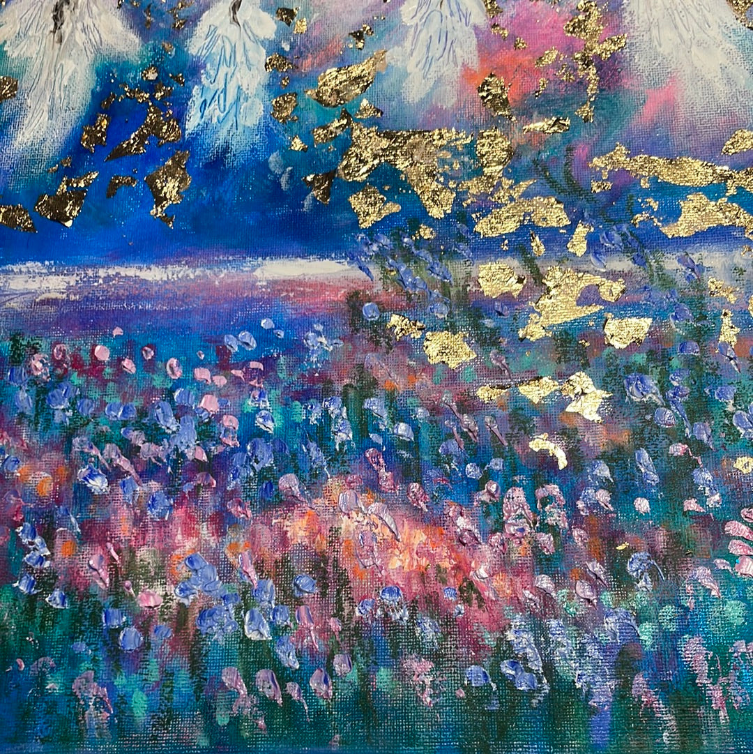 16x20x3/4 Original Painting Angels in Heavens Golden Clouds with Gold Leaf