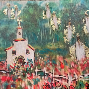 2/15  -in Stock  -white country church among red poppy fields with Angels - embellished print -with gold leaf-resin or Varnish finish