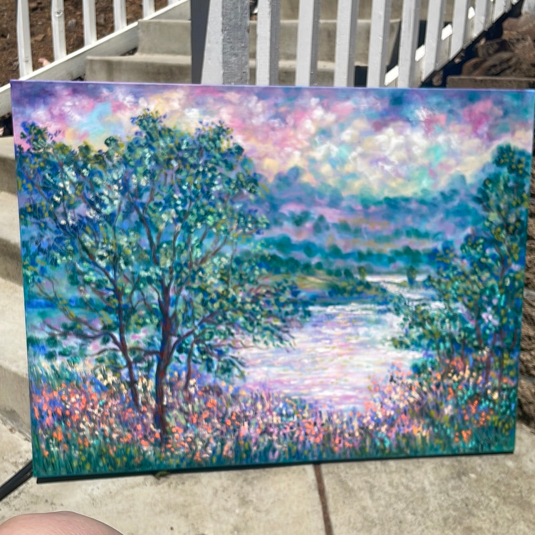 Original painting - California Don Pedro lake , oak trees and wildflowers -oil painting  40 x 30 x 1.5