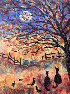 Two black cats ,  5black birds -under Halloween moon-oil and cold wax