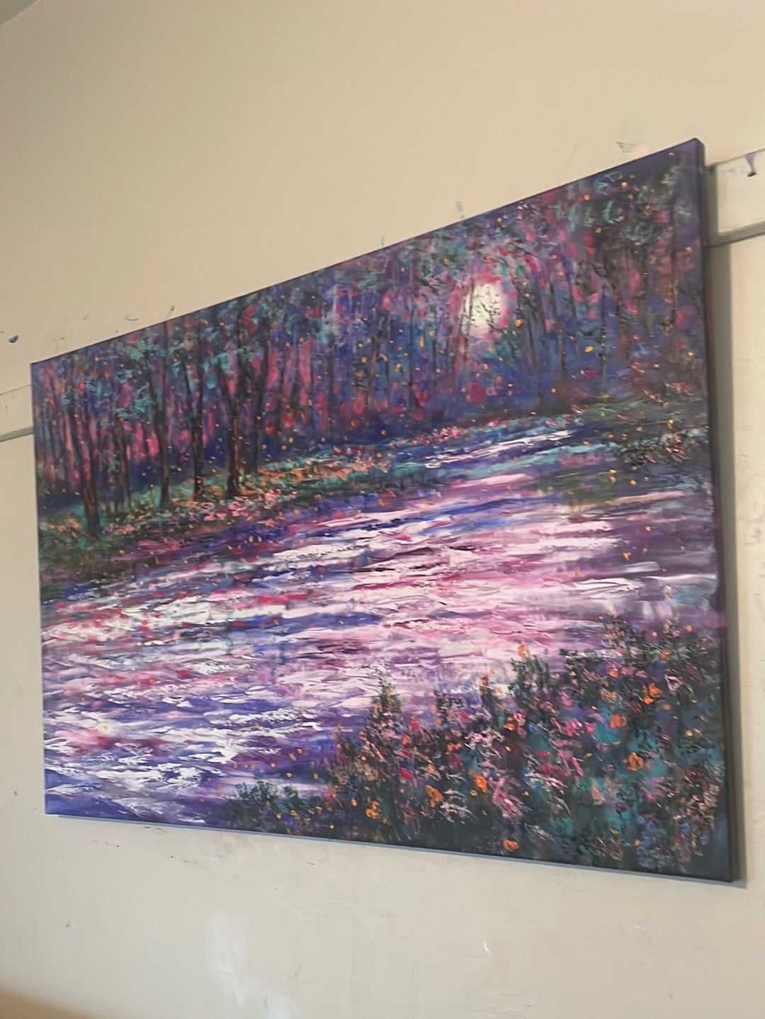 Embellished Canvas Print  24 x 36 x - Red Violet Moon Stream and Wildflowers - large