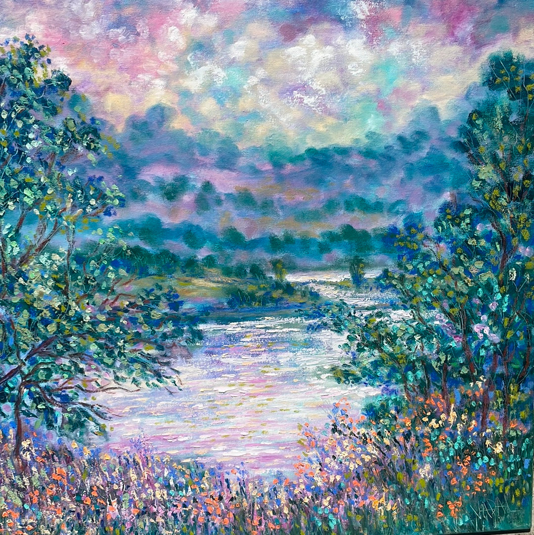 Original painting - California Don Pedro lake , oak trees and wildflowers -oil painting  40 x 30 x 1.5