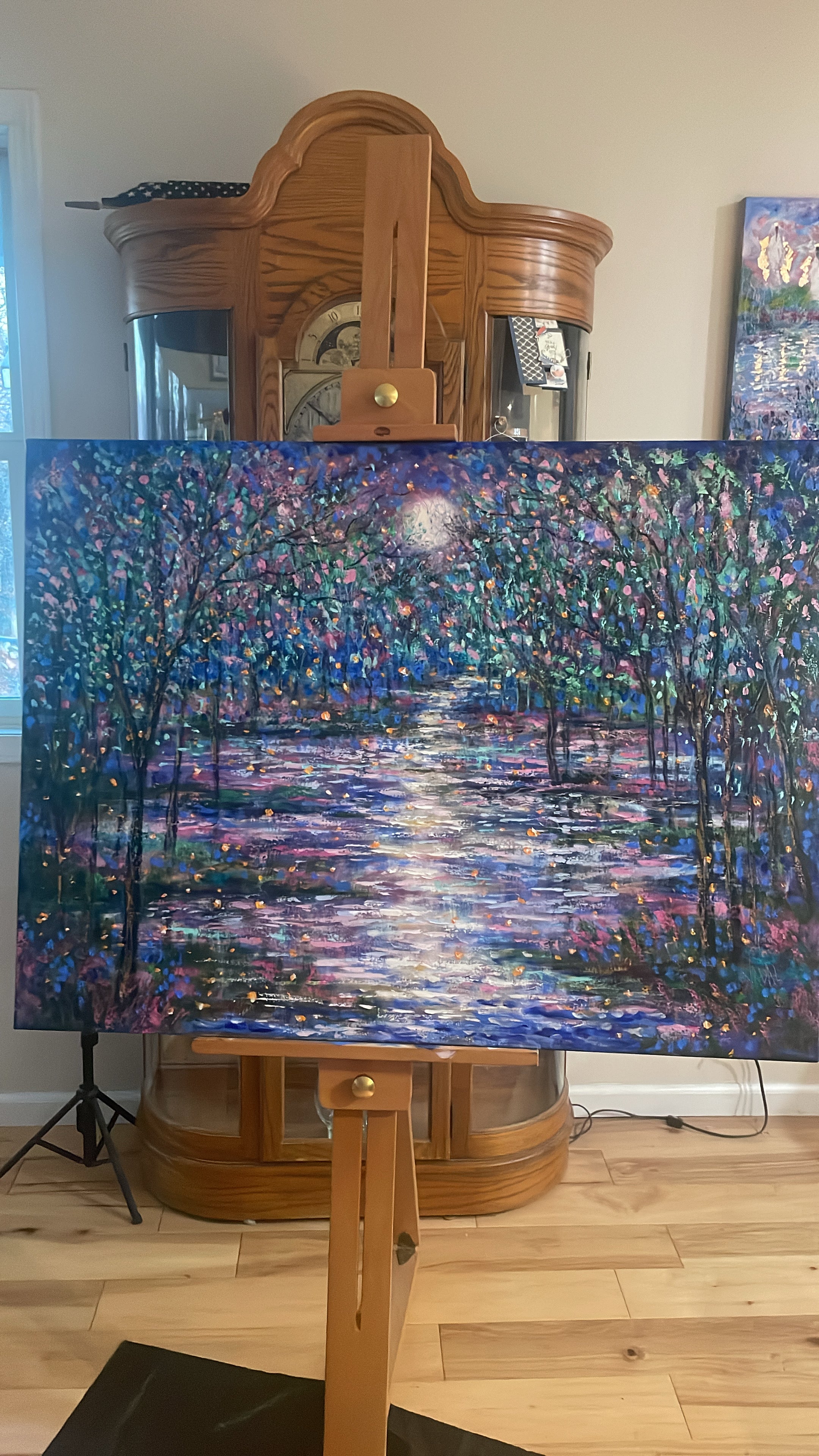 Original large oil  painting - moonlight and fireflies along the river - 30 x40 x1.5