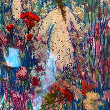Load image into Gallery viewer, Original painting on paper - Angels and pressed flowers - with silver leaf -11 x 14 Heavens blue red meadow-in stock