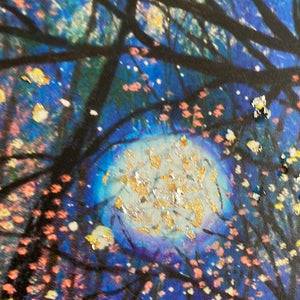 24x30 - Canvas Print - Copper moon and fireflies Embellished with Silver and Gold Leaf