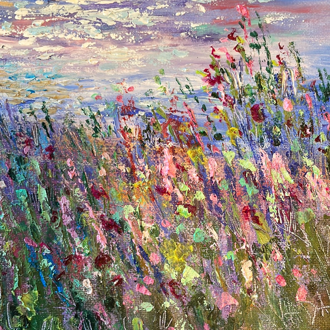 Original painting - California sailboat sailing and wildflowers   -oil and cold wax