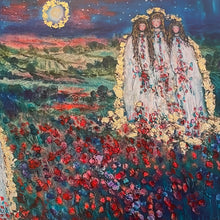 Load image into Gallery viewer, 6/15  -in Stock- embellished canvas print- Angels of the vineyards in moonlight -acrylic highlights and gold leaf-18 x 24 x1-your choice Varnish or Resin finish