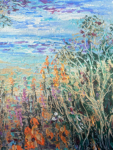 Monterey waves , trees and wildflowers   -oil and cold wax