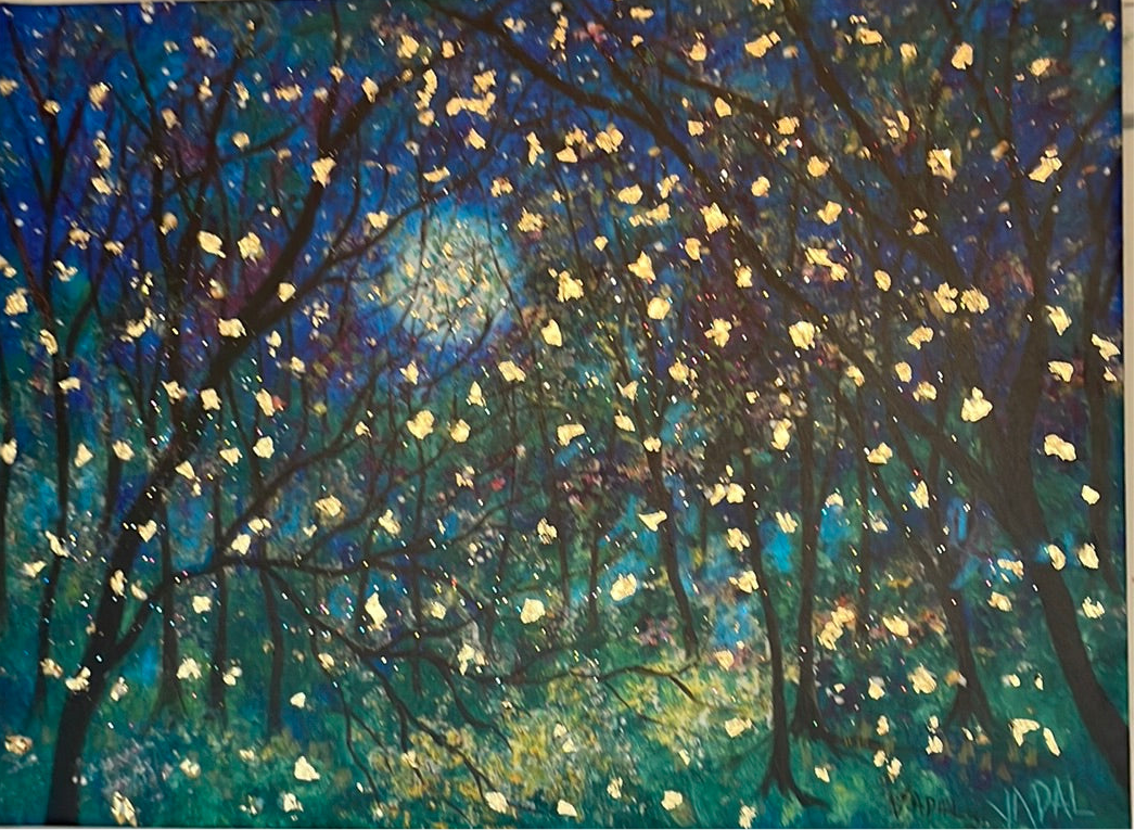 18x24x1  Fireflies under Springtime Moon Canvas Print with Embellished Gold Leaf with Resin Finish